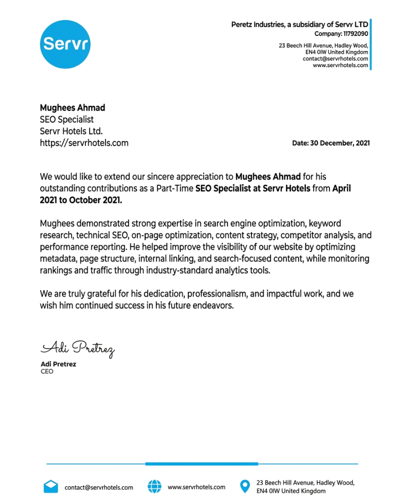 Official SEO Appreciation Letter from Adi Pretrez, CEO of Servr Hotels Ltd.